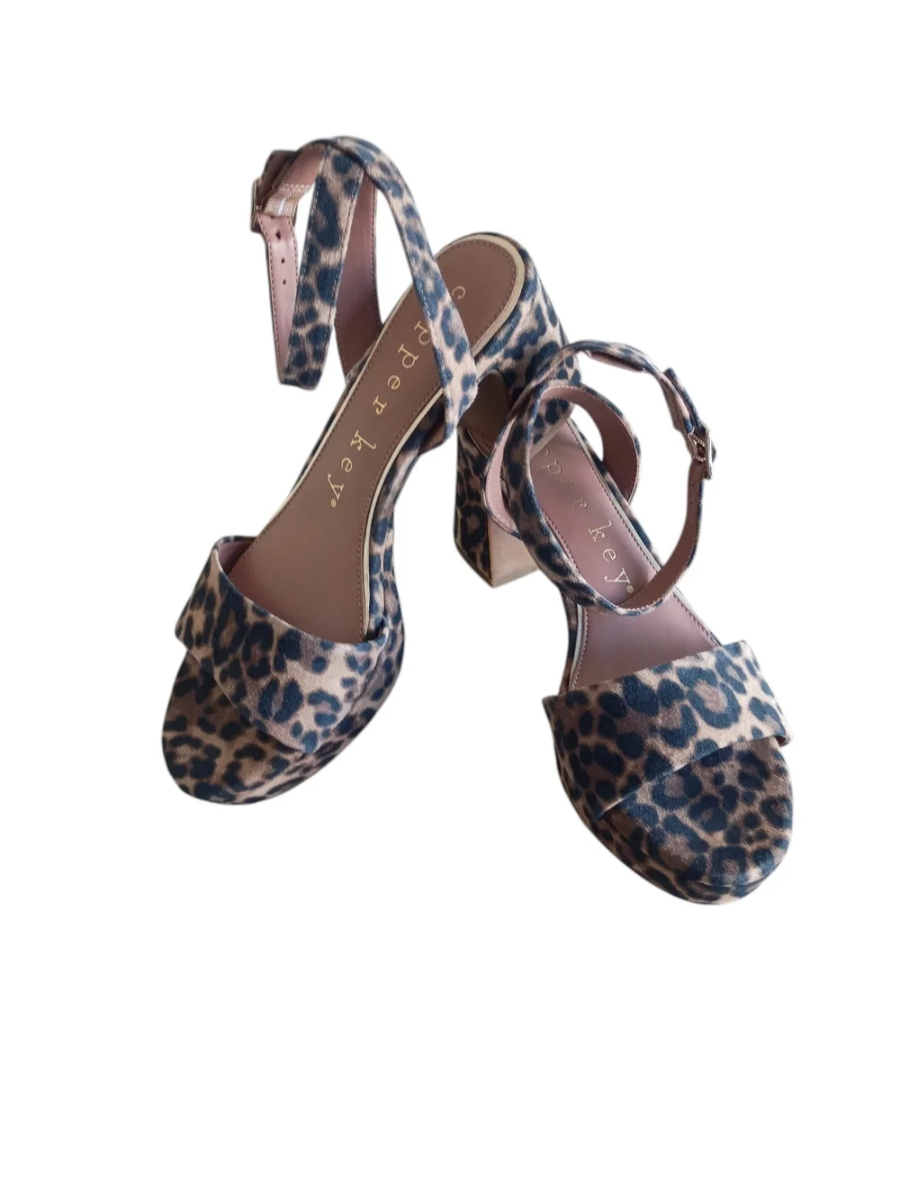 Copper Key Leopard Print Ankle-Strap Heels in Brown and Black SZ 8